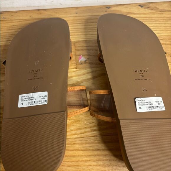 Schutz NAOMI SPORTY VINYL & METALLIC SANDAL size 7 NWOT in brown/clear/silver - Picture 6 of 7